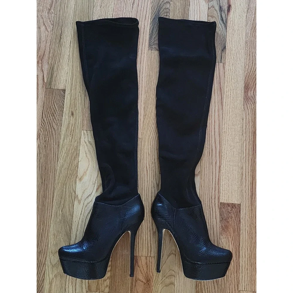Alice + Olivia Black Snakeskin Embossed Platform Over The Knee Boots 39.5